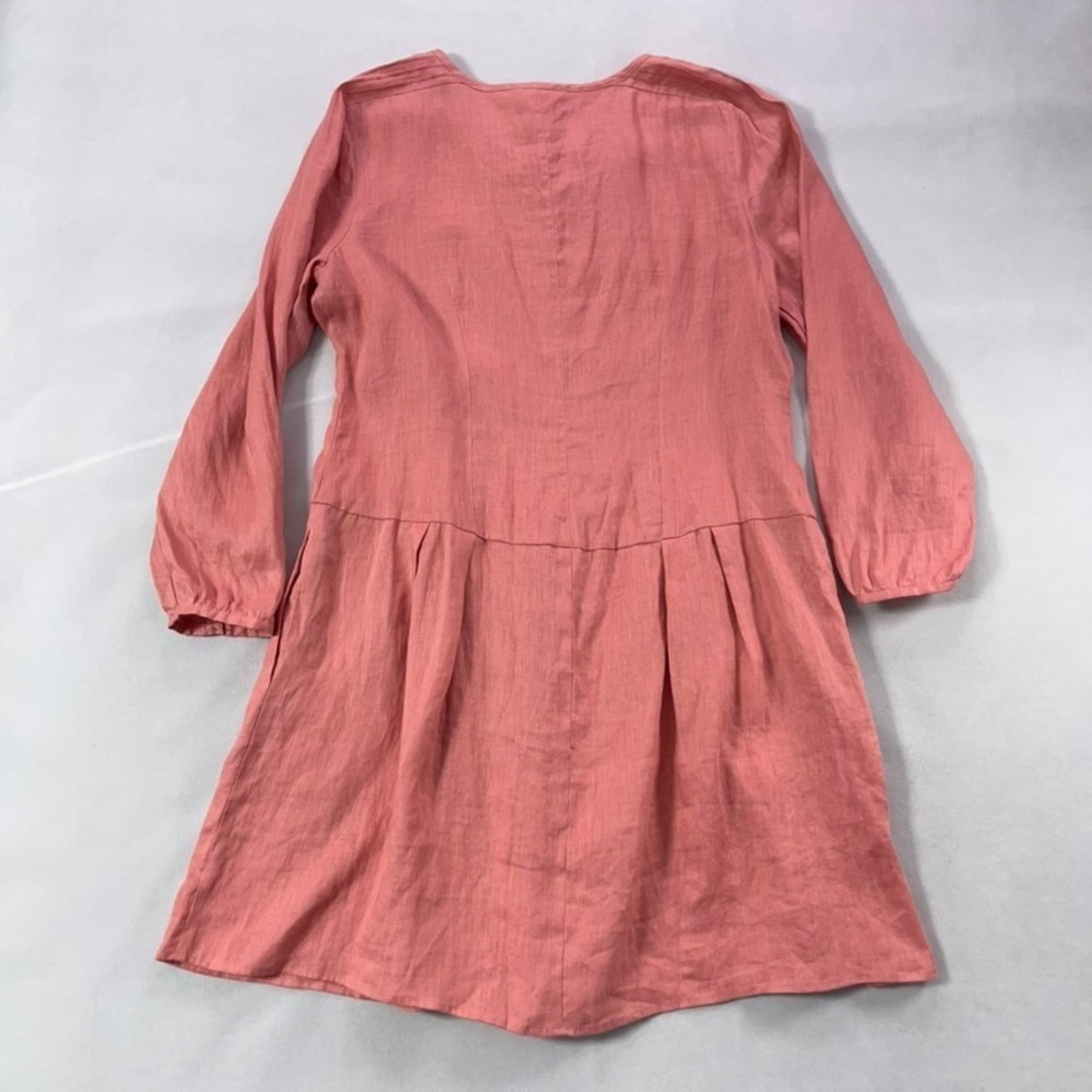 Sundance Linen Dress XL Coral Pintuck Drop-Waist Long Sleeve Side Seam Pockets - Picture 8 of 12